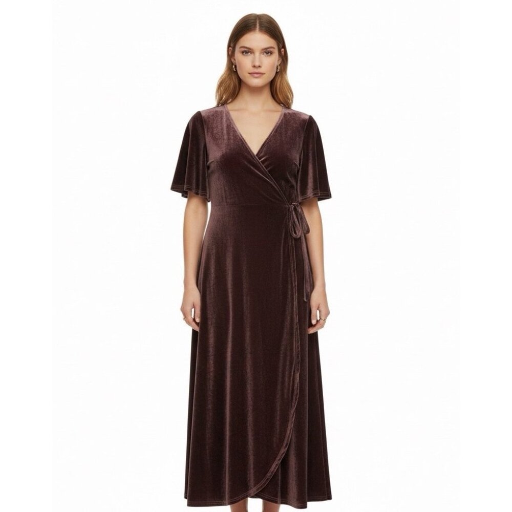 Baltic Born Womens Brown Velvet Wrap Maxi Dress Elegant Soft Fabric Size L